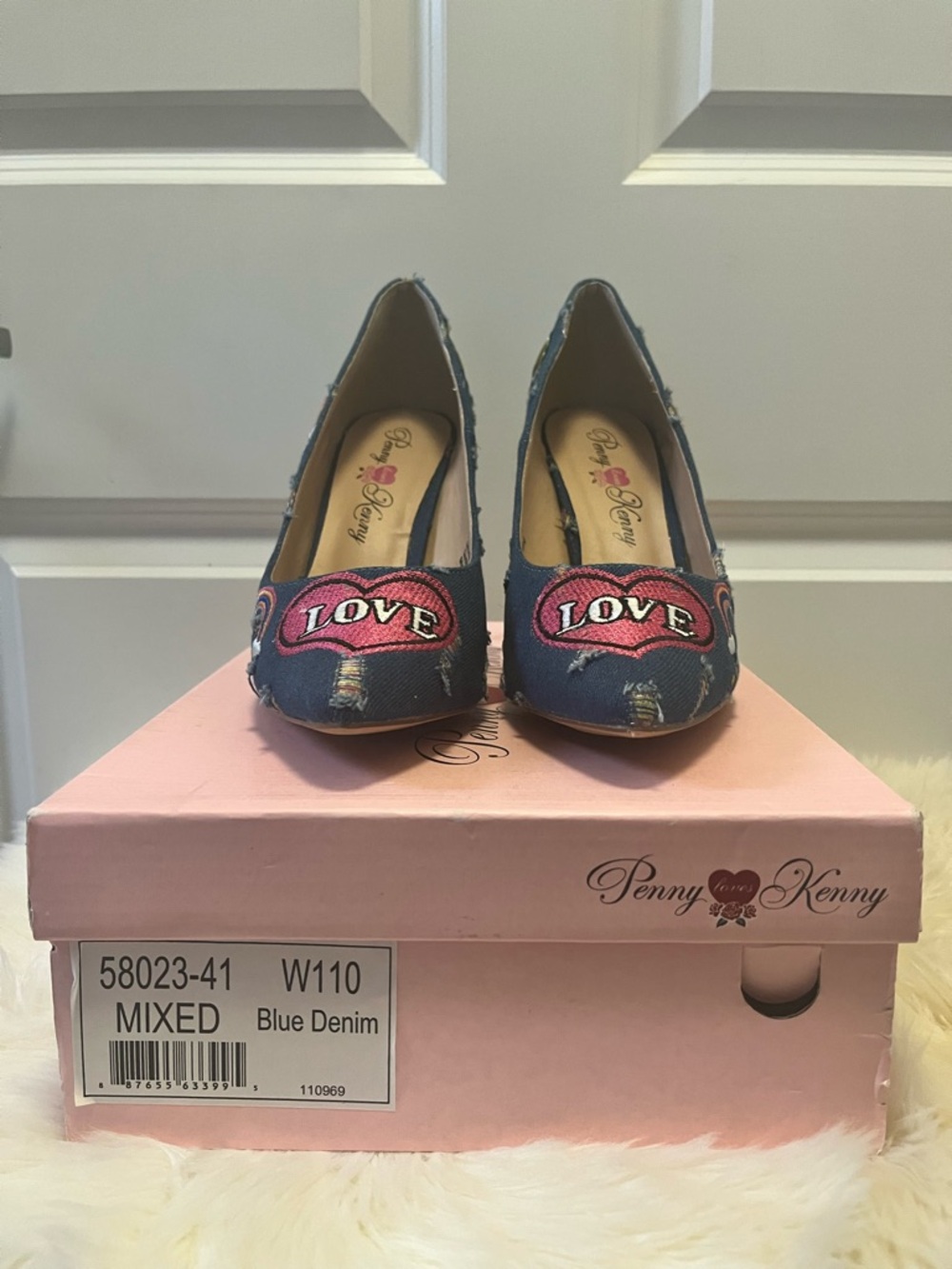 Penny Loves Kenny Blue Denim Pumps with Pink LOVE Patch